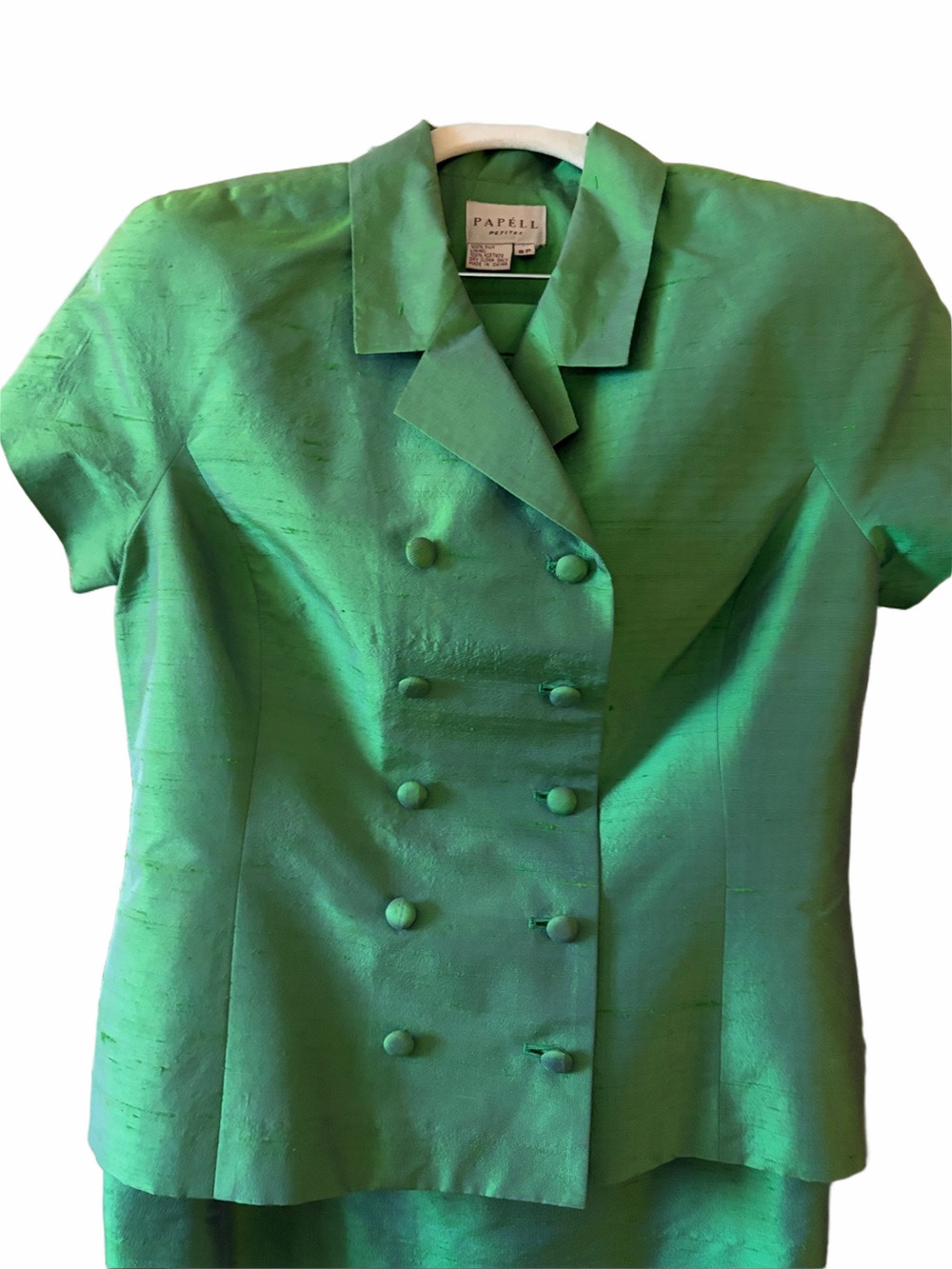Papell petites silk green iridescent double breasted skirt suit 100% silk 8p